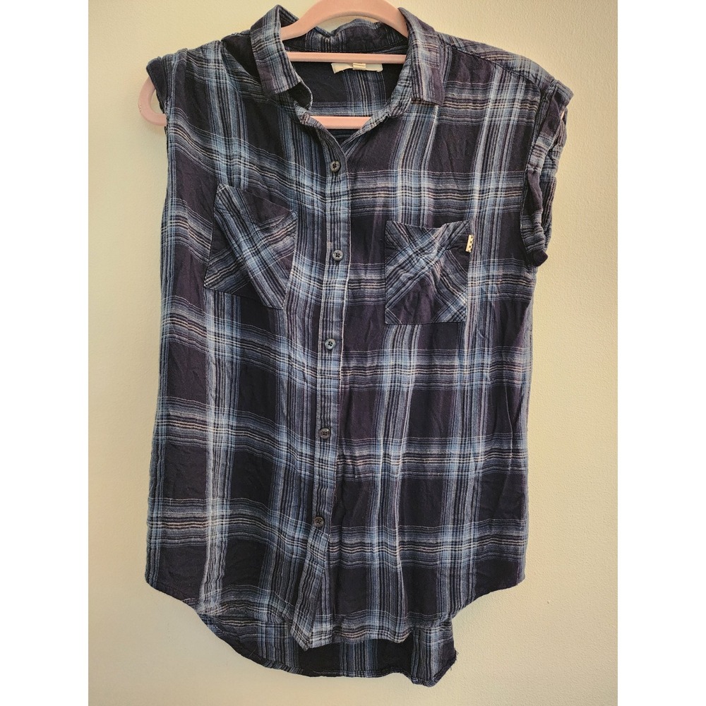 Vans Womens Navy Blue Plaid Sleeveless Button Down Flannel Shirt Small